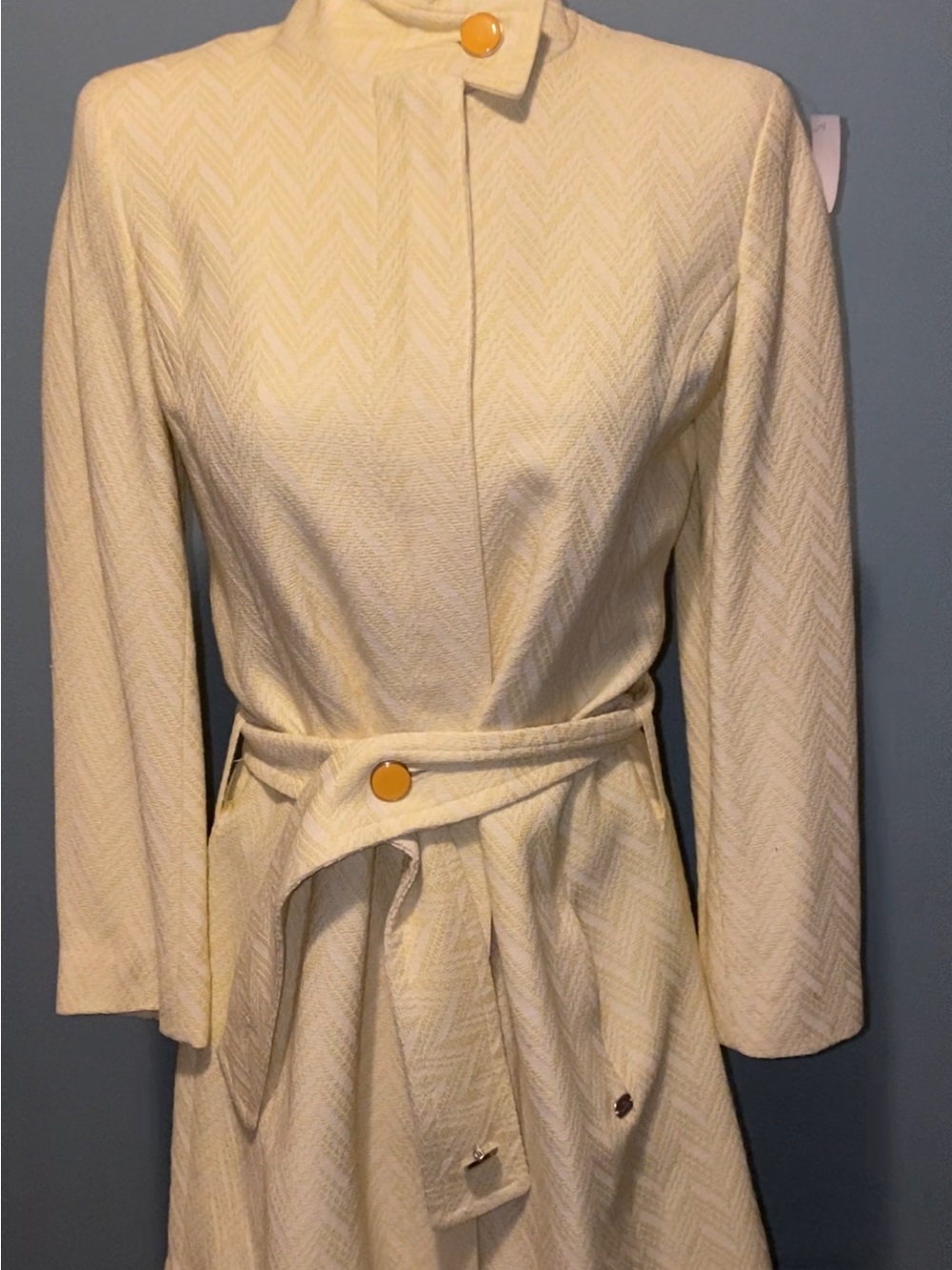 Ted Baker London Cream Textured Belted Trench Coat with Yellow Buttons
